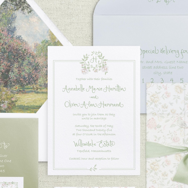 May include: A wedding invitation with a floral design and the names Annabelle Marie Hamilton and Oliver Alan Hammand. The invitation is for a wedding ceremony on Saturday, May 10, 2025 at 4:00 PM at Willowdake Estate in Topsfield, Massachusetts.