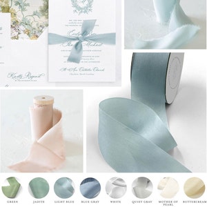 May include: A collection of ribbon samples in various colours, including green, jade, light blue, blue grey, white, quiet grey, mother of pearl, buttercream, champagne, pale gold, pavestone grey, grey, blackened pearl, navy, sphinx, and dark lavender. The ribbons are arranged in two rows of eight colours each.