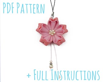 Pretty Sakura Cherry Blossom Kanzashi Tsumami Fabric Flower Bag Charm with Full Instructions - Instant PDF Download