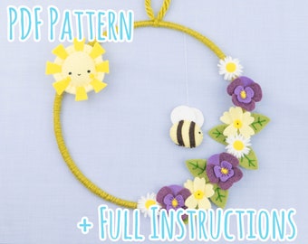 Cute Felt Spring Flower, Sun and Bee Wreath Pattern with Full Instructions - Instant PDF Download