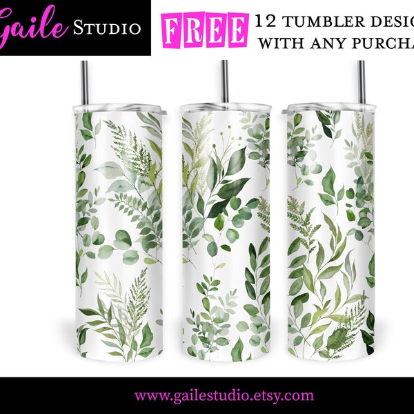 Watercolor Green Leaves Tumbler Sublimation, 20oz Skinny Eucalyptus Tumbler Wrap Template Png, Botanical Leaf Tumbler Wrap Designs - TUM126