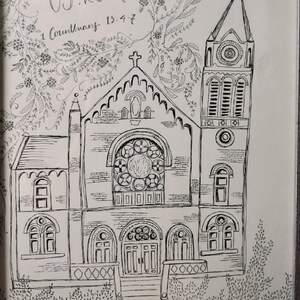 Custom wedding venue or church sketch with florals and date