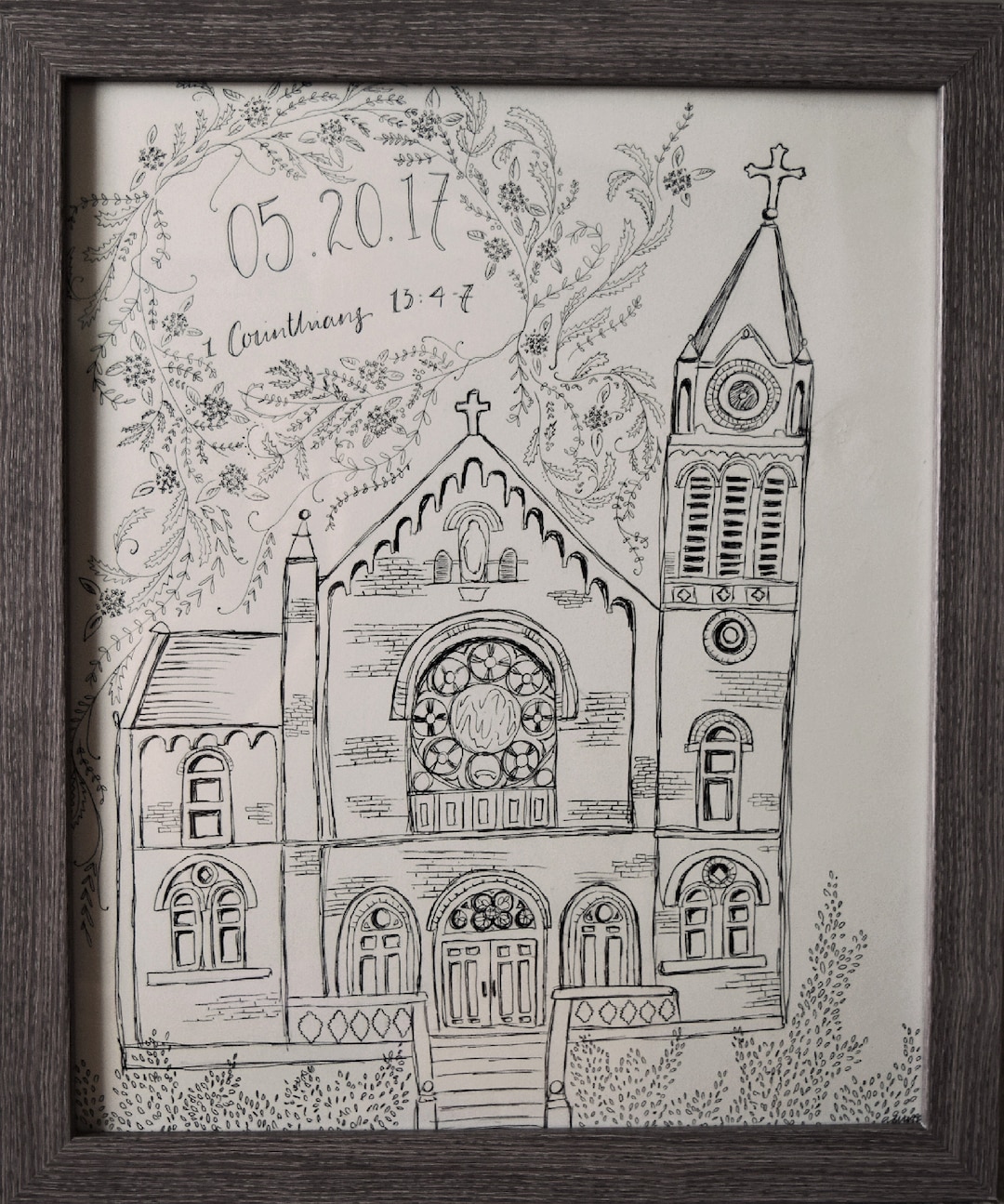 Custom Wedding Venue or Church Sketch With Florals and Date - Etsy