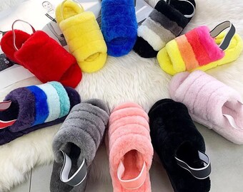 fur slides with strap