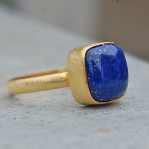 Lapis Lazuli 18K Matte Finish Rose Gold Ring, Blue Lapis Birthstone 18K Matte Finish Yellow Gold Sterling Silver Ring