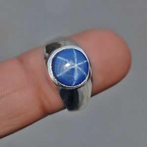 Star Sapphire 925 Sterling Silver Ring, Round Cab Blue Star Sapphire Gemstone 18K Rose Gold, 18K Yellow Gold Jewelry, Artisan Gift Jewelry