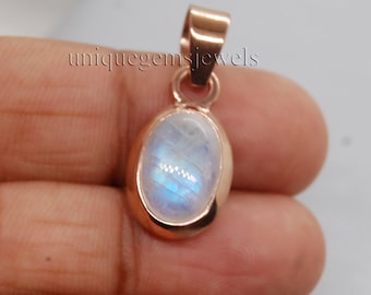 Natural Oval Cab Blue Fire Rainbow Moonstone 925 Sterling Silver Pendant, 18K Yellow Gold Filled, 18K Rose Gold Fill Statement Solid Pendant