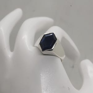 Hexagon Blue Sapphire 925 Sterling Silver Ring, Solid 18K Rose Gold, 18K Yellow Gold Natural Raw Sapphire Ring, Statement Zodiac Jewelry