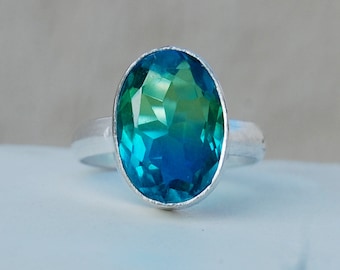 Green Blue Tourmaline Quartz Gemstone 925 Sterling Silver Ring, 18K Rose Gold, 18K Yellow Gold Tourmaline Quartz Ring Jewelry