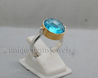 Handmade Blue Topaz Ring: Round Rose Cut, Sterling Silver & 18K Gold