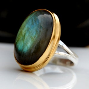 Green Blue Labradorite 925 Sterling Silver Yellow Gold Plated Two tone Ring Jewelry, Two Tone Silver Statement Ring , Zodiac Jewelry