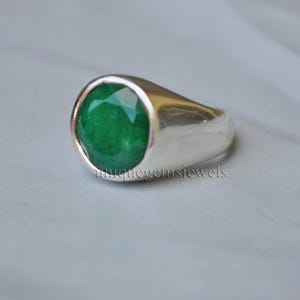 Raw Green Emerald Ring: Solid Sterling Silver Signet, Unisex Statement