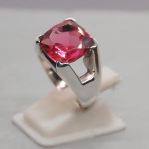 Cushion Cut Pink Tourmaline Quartz Ring, 925 Sterling Silver, Zodiac Prong Ring