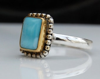 Dominican Larimar 925 Sterling Silver Yellow Gold Plated Two tone Ring Jewelry, Two Tone Silver Statement Ring , Zodiac Jewelry