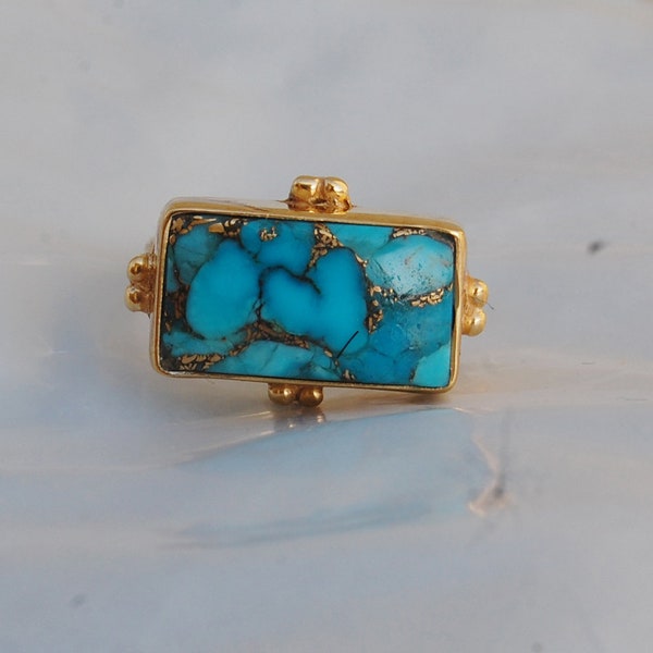 Blue Copper Turquoise Ring: 925 Sterling Silver, 18K Gold Zodiac Jewelry