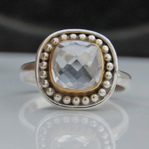 Cushion Cut White Topaz Ring: Two-Tone Sterling Silver, Yellow Gold Plated