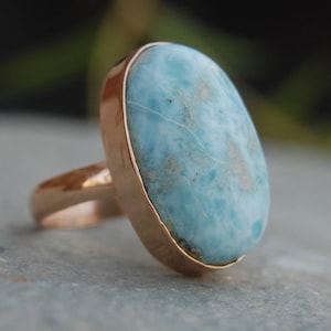 Blue Dominican Larimar 925 Sterling Silver Ring, 18K Rose Gold, 18K Yellow Gold Yellow Natural Larimar Ring, Statement Jewelry