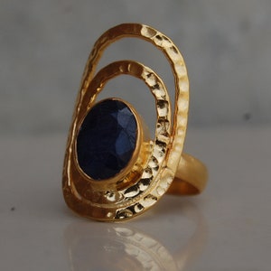 Oval Faceted Blue Sapphire 925 Sterling Silver Ring, 18K Rose Gold, 18K Yellow Gold Raw Sapphire Ring, Statement Ring, Zodiac Jewelry