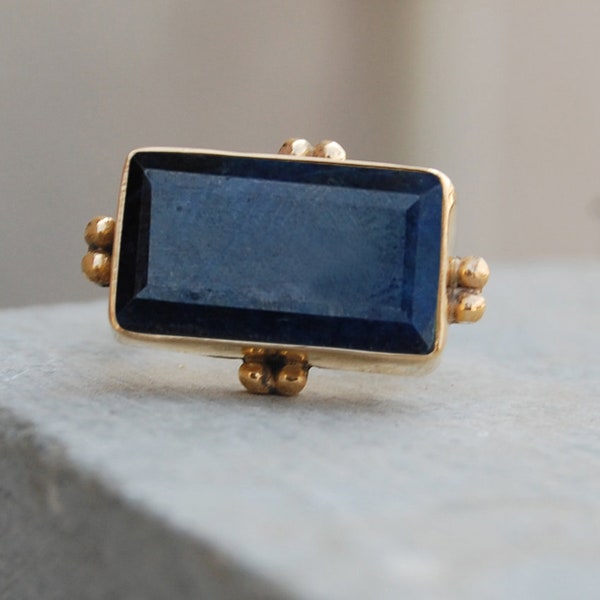 Cushion Faceted Blue Sapphire 925 Sterling Silver Ring, 18K Rose Gold, 18K Yellow Gold  Ring, Blue Sapphire Zodiac Jewelry