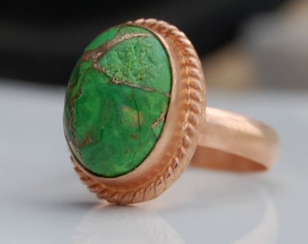 Vert Turquoise cuivre 18K bague en or Rose finition mate, Pierre de naissance Turquoise vert 18K mat finition bague en argent Sterling or jaune