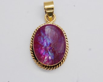 Pink Blue Rainbow Moonstone Gems 925 Sterling Silver Pendant, 18K Yellow Gold Filled, 18K Rose Gold Fill Statement Minimalist Necklace 18&quot;