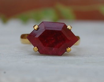 Hexagon Red Ruby Ring: 18K Gold & Sterling Silver, Handmade Statement Ring