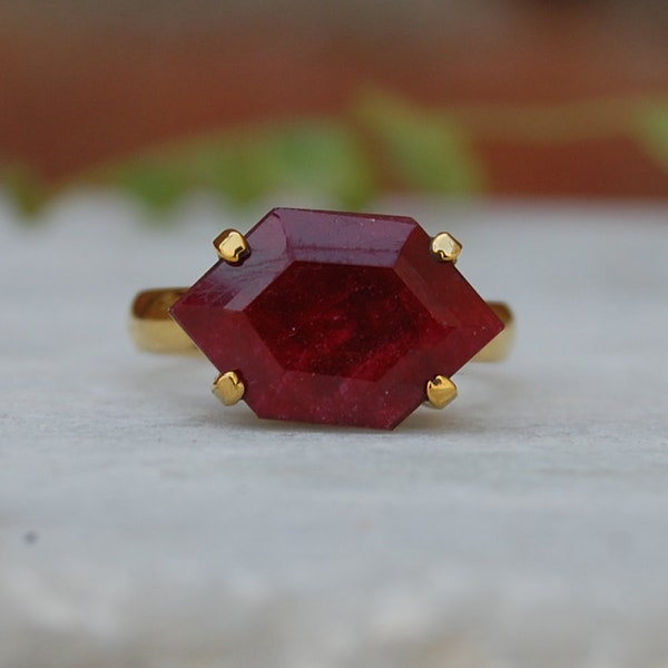 Bague en argent sterling 925 rubis rouge de forme hexagonale, or rose 18 carats, bague rubis naturel en or jaune 18 carats, bague faite main tendance, bijoux du zodiaque