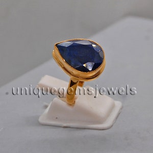 Pear Faceted Raw Blue Sapphire 925 Sterling Silver Ring, 18K Rose Gold, 18K Yellow Gold  Ring, September Birthstone Zodiac Gift Jewelry