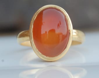 Natural Carnelian Sterling Silver Ring: 18K Gold Oval Zodiac Jewelry