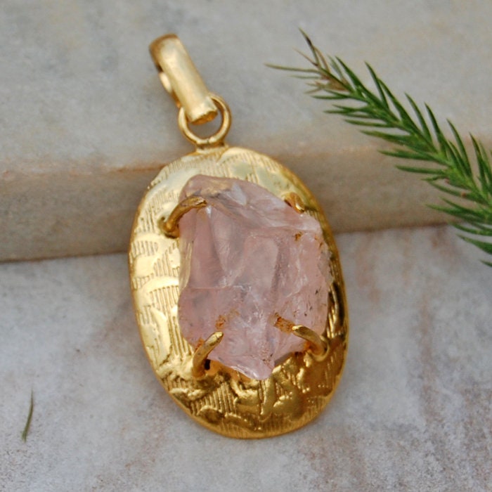 Rose Quartz 925 Sterling Silver Yellow Gold Plated Pendant,  Raw Pink Rose Quartz Gemstone Pendant, handmade Pink Rose Quartz Pendant