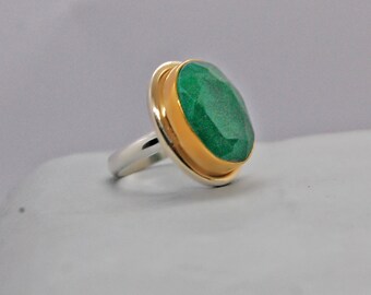 Oval Raw Emerald Ring: Two Tone Sterling Silver, May Birthstone