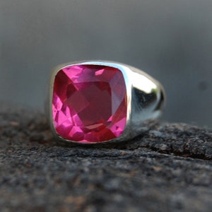 Cushion Cut Pink Tourmaline Quartz Ring: 925 Sterling Silver, 12mm Stone