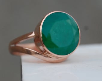 Round Faceted Natural Green Emerald Gemstone 925 Sterling Silver Ring, Emerald 18K Rose Gold, 18K Yellow Gold Ring, Split Band jewelry