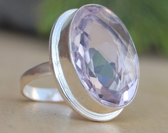 Huge Kunzite Ring, Oval Rose Cut Pink Kunzite Quartz 18K Finish Rose Gold Ring,  Birthstone 18K  Finish Yellow Gold Sterling Silver Ring