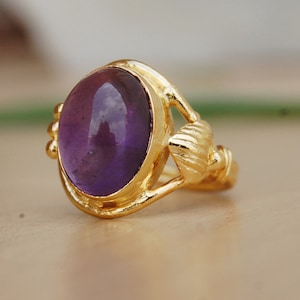 Oval Cab Purple Amethyst Gemstone 925 Sterling Silver Ring, 18K Rose Gold, 18K Yellow Gold Amethyst Ring, Designer Statement jewelry