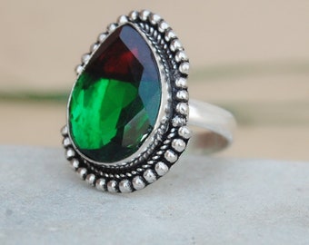 Green Red Watermelon Tourmaline Quartz 925 Sterling Silver Ring, 18K Rose Gold, 18K Yellow Gold  Ring, Statement Ring, Zodiac Jewelry