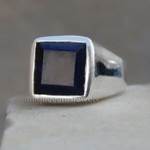 Square Faceted Blue Sapphire Gemstone 925 Sterling Silver, 18K Rose Gold Fill, 18K Yellow Gold Fill Ring, Raw Signet Engraved Ring