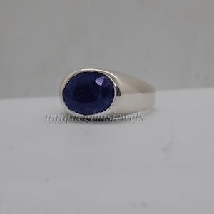 Genuine Raw Rich Blue Sapphire 925 Sterling Silver Ring, 18K Rose Gold, 18K Yellow Gold Ring,  Personalized Signet  Zodiac Jewelry