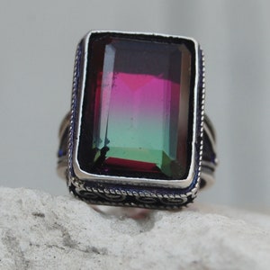 Watermelon Tourmaline 925 Sterling Silver Ring,  Pink Green Tourmaline Quartz Gemstone Ring Jewelry, Huge Unique Handmade Jewelry