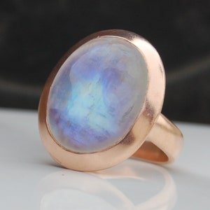 Oval Cab Blue Fire Rainbow Moonstone 18K Matte Finish Rose Gold Ring, June Birthstone 18K Matte Finish Yellow Gold Sterling Silver Ring