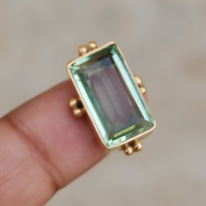 Cushion Cut Green Amethyst 925 Sterling Silver Ring 18K Rose Etsy