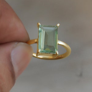 Emerald Cut Green Amethyst 925 Sterling Silver Ring, 18K Rose Gold, 18K Yellow Gold  Ring, Prong Set Green Prasiolite Jewelry