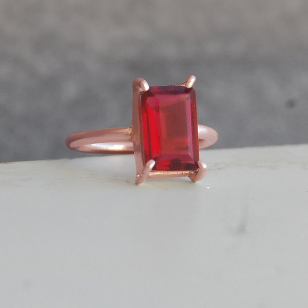 Emerald Cut Rich Red Beryl Quartz 925 Sterling Silver Ring, 18K Rose Gold, 18K Yellow Gold  Ring, Red Beryl Quartz Jewelry