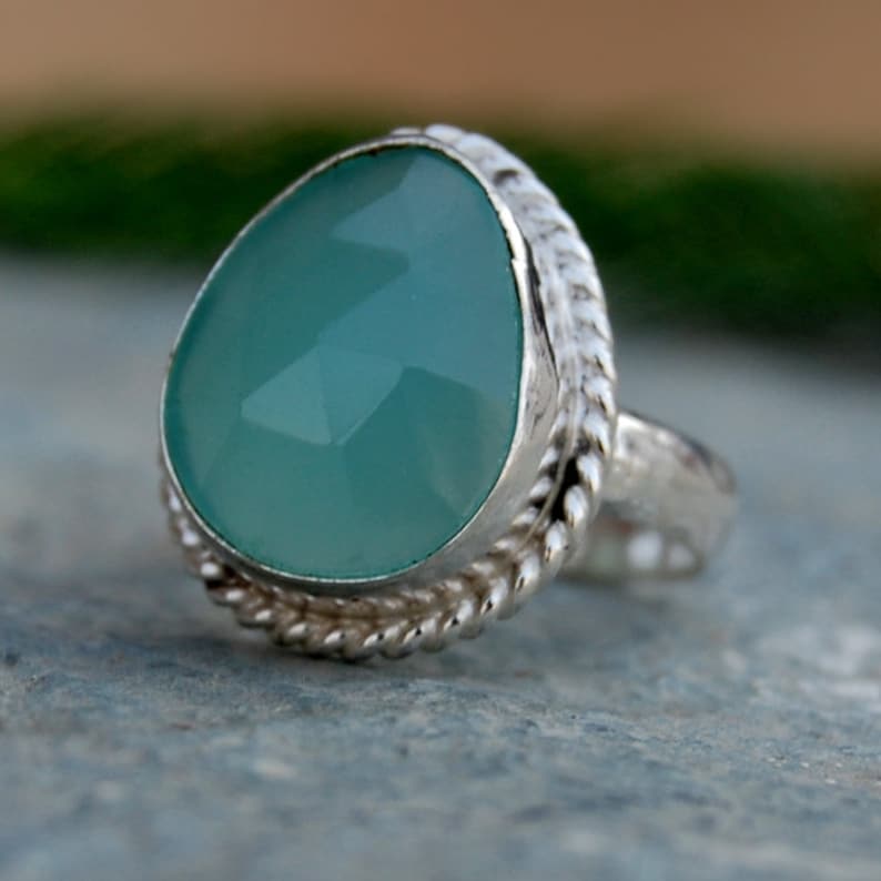 18K Yellow Gold Chalcedony Ring Jewelry Unique gift Jewelry 18K Rose Gold Natural Aqua Chalcedony Gemstone 925 Sterling Silver Ring