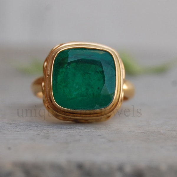 Rich Green Emerald Quartz 925 Sterling Silver Ring, 18K Rose Gold, 18K Yellow Gold Ring, Emerald Quartz Zodiac Jewelry, Artisan Ring