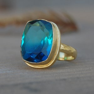 Bague en argent sterling avec tourmaline bleue verte, or rose 18 carats, bague en tourmaline coussin en or jaune 18 carats, bijoux uniques