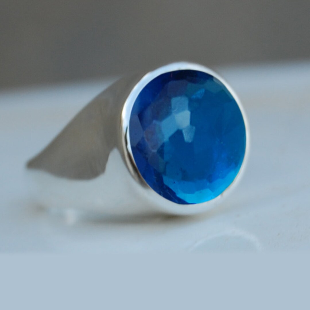 Anillo De Sello De Topacio Azul Para Hombre En Plata De Ley, Anillo De Hombre Con