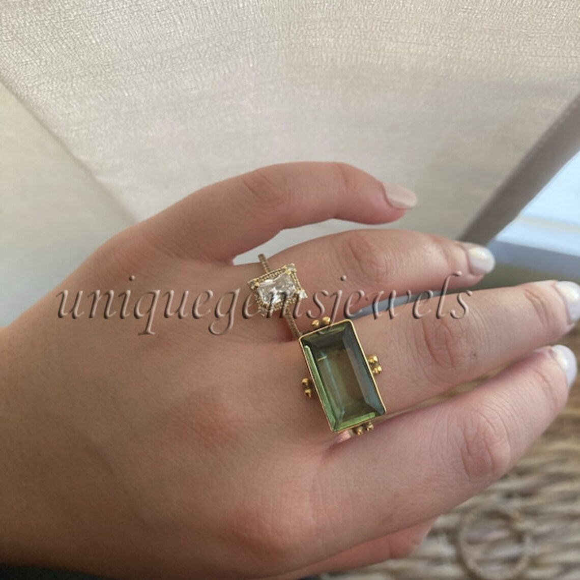 Cushion Cut Green Amethyst 925 Sterling Silver Ring 18K Rose Etsy