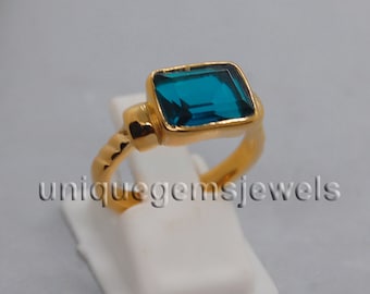 Cushion Cut Neon Blue Apatite Quartz Ring: 925 Sterling Silver, 18K Gold