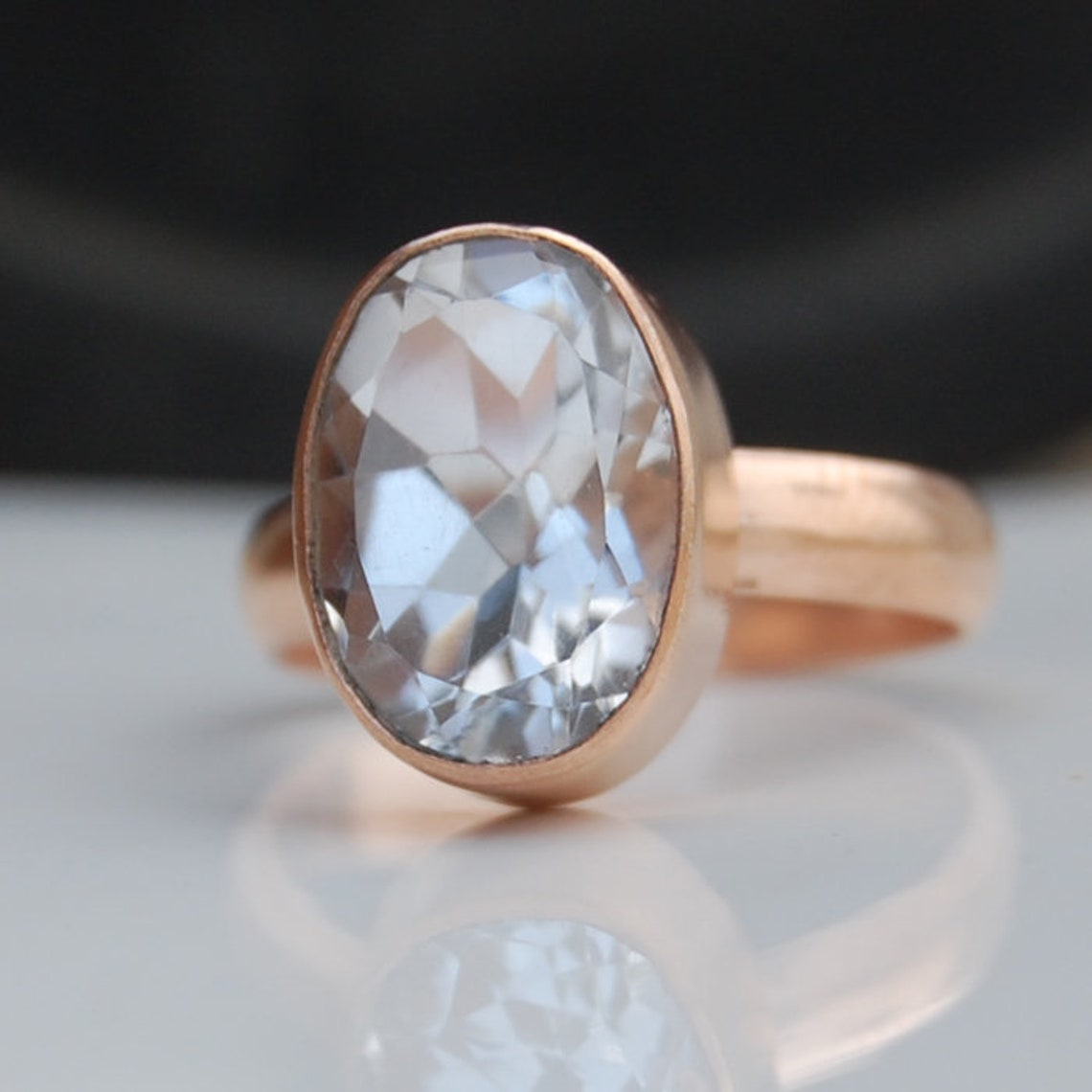 Oval Cut White Topaz 18K Matte Finish Rose Gold Ring White Etsy